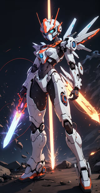 A mecha suit, exo suit, mecha face mask, female shape mecha suit, (plasma sword), face coved helmet, LED lights on mecha, ash clouds background, in a battle, full_body 