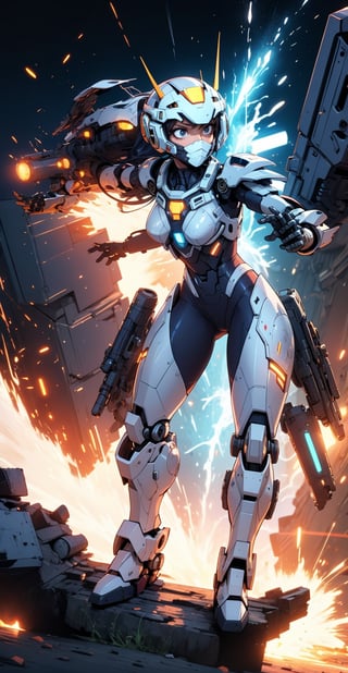 A mecha suit, exo suit, mecha face mask, female shape mecha suit, (blaster cannon), face coved helmet, LED lights on mecha, explosion background, in a battle, full_body 