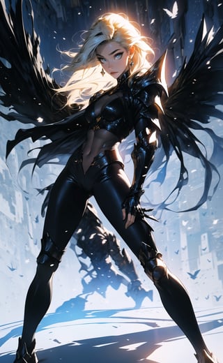 One female, two color hair, black hair, blonde highlights, golden_eyes, thicc_thighs, both hands to the waist, large_breasts, ((very long hair)), tight fit armor, black armor shoulder plates, black chest armor plates, black legs armor plates slightly revealing legs, moon, a white and blue bird_woman with wings, ((masterpiece)), ultra hd, 8k, hdr, dynamic, (bright eyes:1.1), hyper realistic, detailed background, finely detailed_body, perfecteyes, detailedface, detailedeyes, (best shadow, best gray shader, ultra detailed), (detailed background), high contrast, (best illumination, an extremely delicate and beautiful), fullbody stance,edgGaruda_hoodie