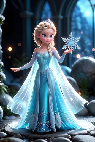 (masterpiece, 3d, doll model, toy, tiny cute, cartoon, dynamic light & pose, ethereal quality, More Reasonable Details, vibrant lighting, colorful, light particles), Elsa from Disney's Frozen, standing in the icy kingdom of Arendelle, with Elsa's magical ice powers creating sparkling snowflakes around them, her dressed in their iconic outfits, under a bright, starlit winter sky.