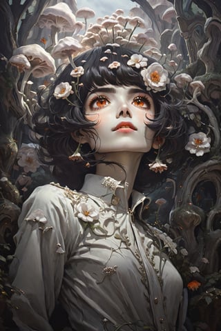 (Arielfstyle:1.0), Retro Ghibli scene, dark dream, terror, creepy, Creepy, Painting, lovecraftian, Ameinu, Black hair, black jackets, Brown hair, devil, blossom, high resolution, blazer, Orange Eyes, red flower, red rose, rozen, shirt, Short hair, White shirts, style of Ghibli studio,masterpiece, best quality,HellAI,mushroomfantasy