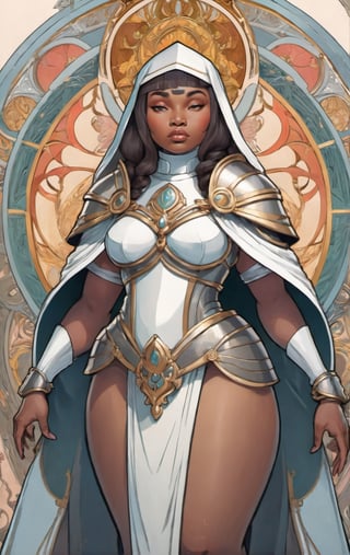 a 2D illustration of a curvy fantasy nun warrior wearing intricate armor,  ((thicc, curvy figure, huge breasts, wide hips, thick thighs)),  beautiful, alphonse mucha,  art nouveau,  half body, more detail XL,