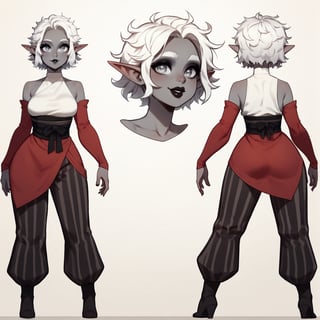 score_9, score_8_up, score_7_up, source_cartoon, rating_questionable, highly detailed, (doxy:0.4), fantasy drow elf girl, cute face, round face, (grey skin), detailed silver eyes, thick eyebrows, (plump), plus-size, wide hips, thick arms, medium breasts, halter shirt, ornate waist sash, kneehigh boots, revealing, detatched sleeves, (baggy striped pants), (messy hair, white hair), full lips, black lipstick, bright smile, makeup, multiple views, character sheet, (front, back, side), full body,