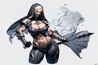 a fantasy nun, ((knight armor, pauldrons, vambraces, gauntlets)), revealing clothing, (milf, curvy figure, wide hips, gigantic breasts, thicc, musclular, biceps, abs), ((hidden face, covered face, bridal veil)), 2d fantasy ink illustration with an art nouveau background, EpicArt, (monochrome), milfication, contraposto, dynamic pose,