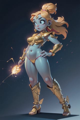 (an attractive woman), (Indian Goddess Shiva), (((colored skin, blue skin))), full body, standing, solo, front view, ((curvy, wide hips)), big ass, medium breasts, bare midriff, belly button, thick thighs, (multicolored hair), (underboob), (gold armor), micro thong g-string, golden bracelet, golden anklet, golden shin guards, spread legs, sparkling eyes, full lips, lightning, gradient blue background, masterpiece, ((dynamic angle)),