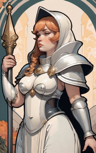 a 2D illustration of a curvy fantasy nun warrior wearing oversized armor, ((thicc, curvy figure, huge breasts, wide hips, thick thighs)),  beautiful, side view, alphonse mucha,  art nouveau,  half body, more detail XL,