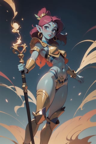 (an attractive woman), (Indian Goddess Shiva), (((colored skin, blue skin))), tall, pointed ears, ((curvy, wide hips)), big ass, medium breasts, bare midriff, belly button, thick thighs, (multicolored hair), (underboob), (gold armor), micro g-string, golden bracelet, golden anklet, golden shin guards, spread legs, sparkling eyes, full lips, lightning, gradient background, masterpiece, ((dynamic angle)),