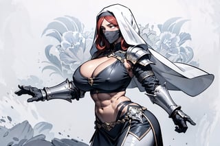 a fantasy nun, ((knight armor, pauldrons, vambraces, gauntlets)), revealing clothing, (milf, curvy figure, wide hips, gigantic breasts, thicc, musclular, biceps, abs), ((hidden face, covered face, bridal veil)), 2d fantasy ink illustration with an art nouveau background, EpicArt, (monochrome), milfication, contraposto, dynamic pose,
