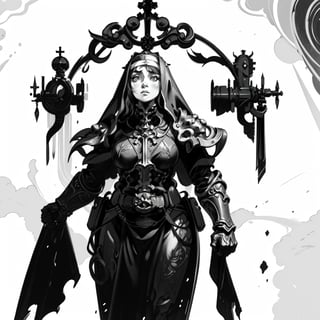 a heavyset fantasy nun warrior wearing ornate armor, 2d fantasy illustration with a simple art nouveau background, (monochrome, ink,) cowboy shot, half body,