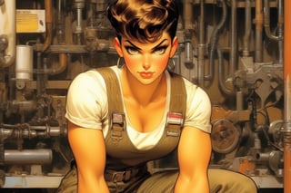 Anime Artwork, woman mechanic, muscle shirt, overalls, muscular woman, brown hair, pixie cut hair, very short hair, golden eyes, tan skin, in a garage, ((by J.C. Leyendecker))