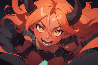 woman, devil girl, (((colored skin, red skin, dark skin))), (black sclera, yellow pupils), ((huge black horns)), pointed ears, ((small breasts, flat chest)), hot body, full lips, (long hair, big hair), light orange hair, ((messy hair)), wide hips, curvy figure, fangs, big smile,

((revealing clothing)), leather, chest harness, (skindentation), (((dynamic angle, closeup shot, POV, from above))), high quality, 

dark background with glowing effects, ((red skin)),