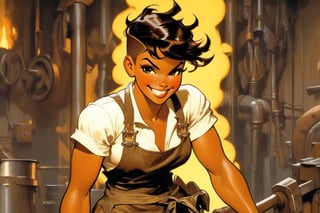 Anime Artwork, woman blacksmith, muscle shirt, overalls, muscular woman, brown hair, pixie cut hair, very short hair, gold eyes, dark skin, happy smile, in a forge, ((by J.C. Leyendecker))