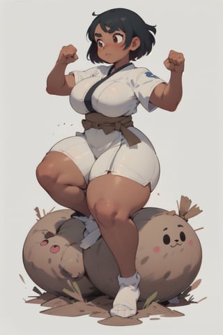 anime illustration of a cute chubby martial artist girl, ((shortstack, curvy figure, overweight, large breasts, thicc)), short hair, thick eyebrows, ((tan, tanned skin)), dougi, short sleeves, wide belt obi, fighting stance, full body,