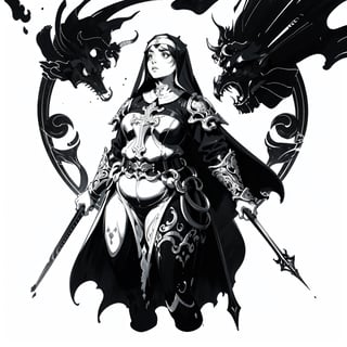 a heavyset fantasy nun warrior wearing ornate armor, 2d fantasy illustration with a simple art nouveau background, (monochrome, ink,)