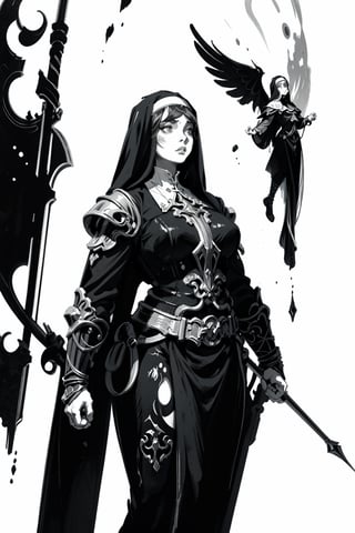 a heavyset fantasy nun warrior wearing ornate armor, 2d fantasy illustration with a simple art nouveau background, (monochrome, ink,)