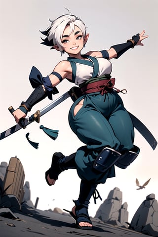 masterpiece,  best quality,  (mature female,  curvy figure,  wide hips,  thicc,  small breasts, plump),  ((short)),  (short hair,  tomboy, pixie_cut),  (pale grey skin), white hair,  thick eyebrows, pointed ears, ((happy, smiling)), ((shinobi clothing, obi, ninja, shin guards, baggy pants, hip vent)), ((dynamic angle)), (dynamic pose),