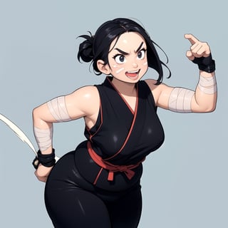 masterpiece, best quality, mature female, plump, action pose, short black hair, thick eyebrows, tan skin, martial artist, (bandages, hip vent, japanese clothes, ninja), action pose, excited, happy, ((dynamic angle)), dojo background, ((manga style illustration)),