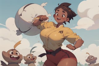 anime illustration of a cute chubby martial artist girl, ((shortstack, curvy figure, overweight, large breasts, thicc)), short hair, thick eyebrows, ((tan, tanned skin)), running,