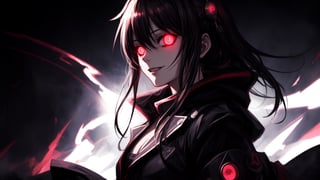 best quality, masterwork, high quality, anime art style, dark background, creepy, whide dmile, glowing eyes, 1girl, complex_background