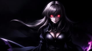 best quality, masterwork, high quality, anime art style, dark background, creepy, whide dmile, glowing eyes, 1girl, complex_background