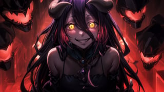 best quality, masterwork, high quality, anime art style, dark background, creepy, whide dmile, neon light, blue and purple lighting, dynamic lighting, glowing eyes, creepy smile, sucubus,albedo