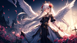 anime, woman in a long dress standing in a field of flowers, best quality, 4k, anime art wallpaper, goddess of death, 4k anime wallpaper, gothic maiden anime girl, anime fantasy artwork, beautiful male god of death, beautiful necromancer, anime epic artwork, flowers, flowing flowers, masterwork, normal face, the flowewr glow intense, 1girl, standing infront of a wooden cross, centered, gravejard, white eyes, smiling, close up, white hair