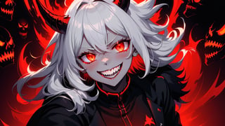 1girl, horns, red_eyes, demon_girl, smile, demon_horns, teeth, white_hair, looking_at_viewer, sharp_teeth, black_horns, red_background, grin, glowing_eyes, modeus_(helltaker), solo, glowing, hand_on_own_face, skull, hair_between_eyes, suit, upper_body, long_hair, formal, jacket, sweater, long_sleeves, neon lighting, glowing eyes, detailed background, more detail XL, albedo \(overlord\), portrait deamon souls in the background