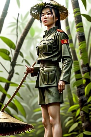 award winning realistic photo in a viet nam jungle vietnamese viet cong female warrior wearing viet cong uniform rice straw hat and black jacket