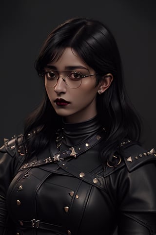 (tortoiseshell glasses? black-haired european girl with ((glasses)) , dark lips outdoors, pierced nose and lips leather studded clothing rich colors in lenses realistic hyper-realistic texture dramatic lighting unrealengine trend at artstation cinestill 800,realism,realistic,raw,analog,woman,portrait,