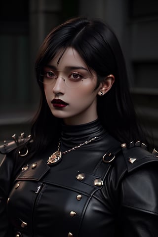 black haired european girl with (tortoiseshell glasses), dark lips outdoors, pierced nose and lips leather studded clothing rich colors on lenses realistic hyper realistic texture dramatic lighting unrealengine trend at artstation cinestill 800,realism,realistic,raw,analog,woman,portrait,
