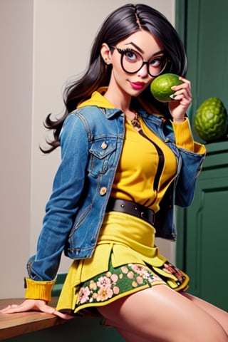 girl in a yellow jacket and (((flowery miniskirt))) eating an avocado whit glasses