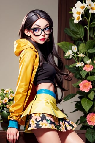 girl in a yellow jacket and (((flowery miniskirt))) eating an avocado whit glasses