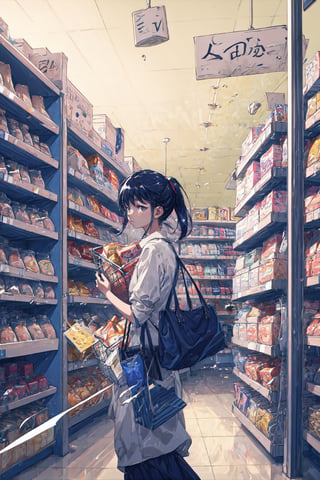 16K, HD, mastepiece, detailed background

A girl in convenience store looking a at snacks. Shes holding a basket with stock items inside and seems to be a bit tired.