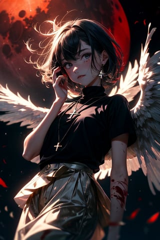 (masterpiece, best quality), 

In a mute palatte a girl infront of a blood moon with wonder on her face. With wings black as the night holding a a cross necklace between her hands.