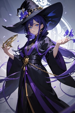 masterpiece, best quality, professional photograph of a beautiful anime witch with dark blue hair, turquoise eyes with purple iris, wearing a beautiful flowing black robe with gold highlights and very small purple highlights masterpiece, best quality