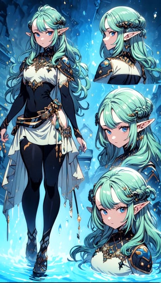 (Best Quality, 8k, 32k, Masterpiece, UHD:1.3), A water theme elf, European elements CharacterSheet, (multiple views, full body, upper body, reference sheet:1),1 girl