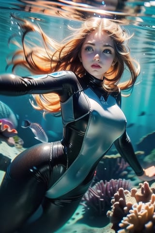 A real photo of a young female explorer, put on wetsuit and Investigating underwater of the ocean, a strong and athletic build, Her wavy hair floats around her like a halo, ((deep,  glowing ocean-blue eyes)), (a sank ancient shipwreck under the sea In the background), covered nipples:1.3,