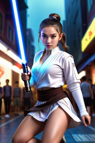 (1 jedi school Girl)、In gym outfit, ((Have a lightsaber))、large glowing eyes, serious expression ,hardly breathing, large hip, long ponytail , jumping with knees bend, Super detailed illustration、extra detailed face、wide open mouth,Raw photography、film grains、detailed skin textures、Detailed fabric texture、dynamic pose, Character Focus, city street, crowd ,battle scene, dynamic pose,from below view, look at me,neon photography style,detailmaster2,science fiction