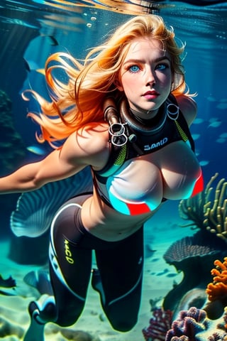 A real photo of a young female explorer, put on scuba diving gear and Investigating underwater of the ocean, a strong and athletic build, Her wavy hair floats around her like a halo, ((deep,  glowing ocean-blue eyes)), (a sank ancient shipwreck under the sea In the background), covered nipples:1.3,