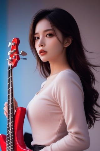 ((((Seductive woman plays the electric bass:1.5, 4 strings)))), (​masterpiece、Best Quality:1.4),  (Beautiful, Aesthetic, Perfect, Delicate, Convoluted:1.2), (Cute, Adorable), (depth of fields:1.2), cinema shot, Bokeh, Perfect female shape, (Perfect face, Detailed face, full pouty lips, Glossy lips, makeup, eye line, Expressive eyes), (medium breasts, thin waist), ((long boots and short pants):1.3), ((windy hair):1.2), On stage,Good hands, Better hands,2hand, 5FINGERS,neon photography style