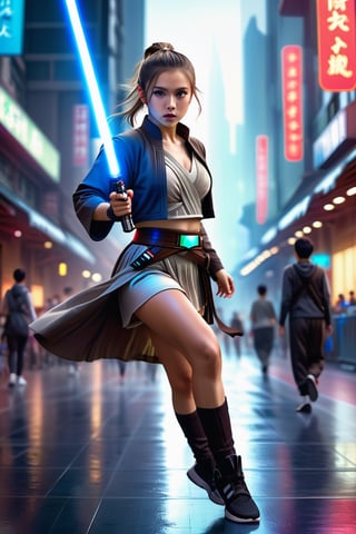 (1 jedi school Girl)、In gym outfit, ((Have a lightsaber))、large glowing eyes, serious expression ,hardly breathing, large hip, long ponytail , jumping with knees bend, Super detailed illustration、extra detailed face、wide open mouth,Raw photography、film grains、detailed skin textures、Detailed fabric texture、dynamic pose, Character Focus, city street, crowd ,battle scene, dynamic pose,from below view, look at me,neon photography style,detailmaster2,science fiction