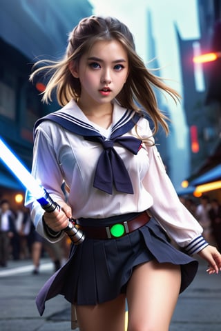 (1 jedi school Girl)、In school uniform, sailor style blouse, bare-legs, ((Have a lightsaber))、large glowing eyes, serious expression ,medium breasts, long straight hair, floating hair, Super detailed illustration、extra detailed face、wide open mouth,Raw photography、film grains、detailed skin textures、Detailed fabric texture、dynamic pose, Character Focus, city street, crowd ,battle scene, dynamic pose,side view, look at me, detailmaster2,neon photography style,detailmaster2,science fiction