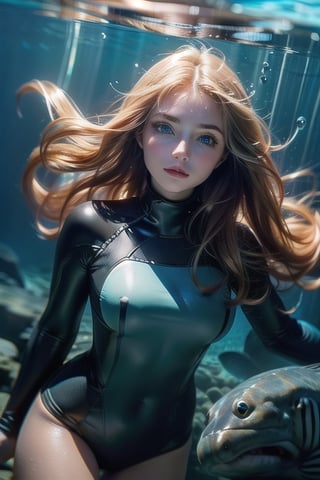A real photo of a young female explorer, wearing wetsuits and Investigating deep underwater of the ocean, a strong and athletic build, Her wavy hair floats around her like a halo, ((deep,  glowing ocean-blue eyes)), bubbles around her, covered nipples:1.3,