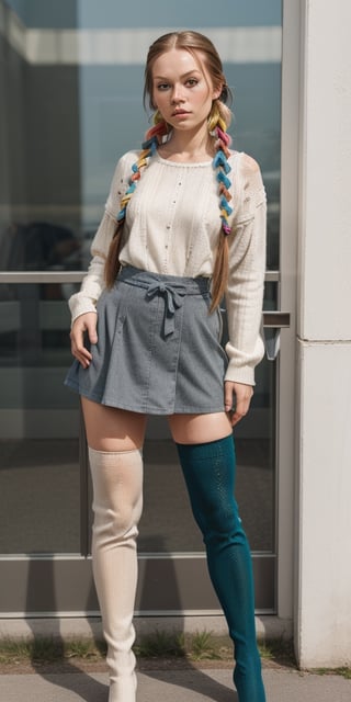 female_solo, full body shot, Pippi Longstocking, long twin braids ,((thigh-high length long stockings with odd colors)),scandinavian girl, freckles,character focus,detailed face, detailed eyes, high resolution photo,