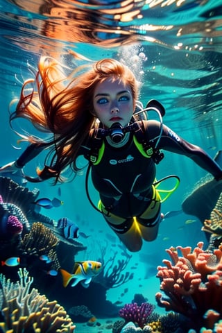 A real photo of a young female explorer, put on scuba diving gear and Investigating underwater of the ocean, a strong and athletic build, Her wavy hair floats around her like a halo, ((deep,  glowing ocean-blue eyes)), (a sank ancient shipwreck under the sea In the background), covered nipples:1.3,