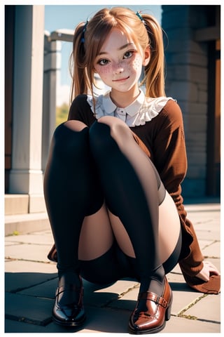 female_solo, full body shot, Pippi Longstocking, long twin tails,((thigh-high length long stockings with different colors - one in border and the other in brown )),cute scandinavian girl, large eyes, smirk, freckles,oversized business shoes, sitting with folding knees, character focus,Detailedface,photorealistic