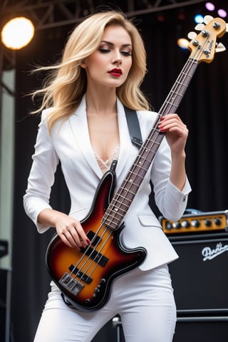 ((((Seductive woman plays electric bass:1.5, 4 strings)))), (​masterpiece、Best Quality:1.4),  (Beautiful, Aesthetic, Perfect, Delicate, Convoluted:1.2), (Cute, Adorable), (depth of fields:1.2), cinema shot, Bokeh, Perfect female shape, (Perfect face, Detailed face, full pouty lips, Glossy lips, makeup, eye line, Expressive eyes), (medium breasts, thin waist), (blonde extra long Hair 1.3), ((white pants suits:1.4)), On stage,Good hands, Better hands,2hand, 5FINGERS,