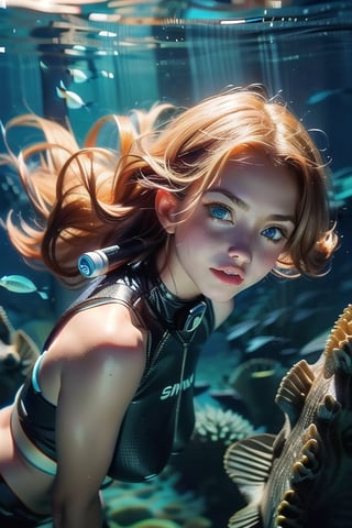 A real photo of a young female explorer, put on scuba diving gear and Investigating underwater of the ocean, a strong and athletic build, Her wavy hair floats around her like a halo, ((deep,  glowing ocean-blue eyes)), (a sank ancient shipwreck under the sea In the background), covered nipples:1.3,