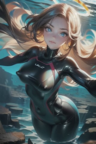 A real photo of a young female explorer, wearing wetsuits and Investigating underwater of the ocean, a strong and athletic build, Her wavy hair floats around her like a halo, ((deep,  glowing ocean-blue eyes)), an ancient shipwreck In the background, covered nipples:1.3,