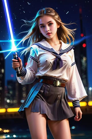 (1 jedi school Girl)、In school uniform, sailor style blouse, bare-legs, ((Have a lightsaber))、large glowing eyes, medium breasts, long straight hair, floating hair, Super detailed illustration、extra detailed face、lips apart,Raw photography、film grains、detailed skin textures、Detailed fabric texture、dynamic pose, Character Focus, night city, huge planet in background ,action scene, dynamic pose,detailmaster2,neon photography style